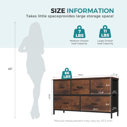 5 Drawer Dresser for Bedroom, Wide Fabric Storage Tower, Brown, view 4