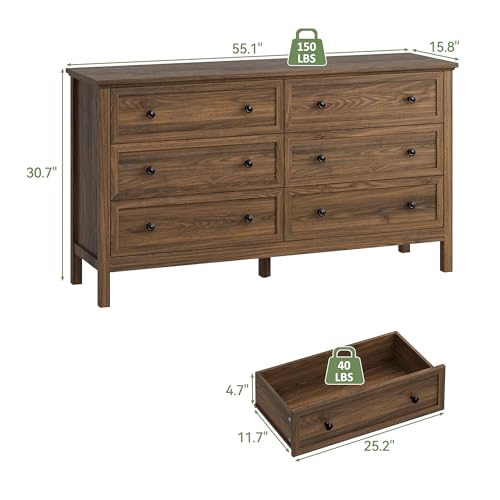 55'' Walnut Dresser with 6 Drawers for Bedroom, view 3