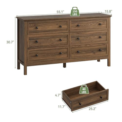 55'' Walnut Dresser with 6 Drawers for Bedroom, view 3