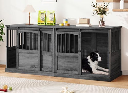 72" Double Dog Crate Furniture with Barn Sliding Doors Grey, view 2