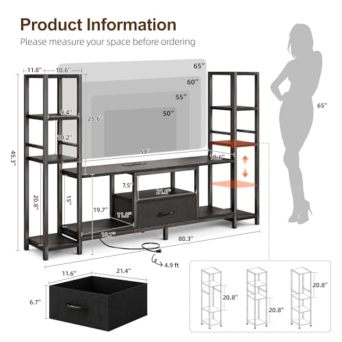 80in TV Stand Up to 65in TV 45in Tall Shelves LED PowerOutlet Black, view 4