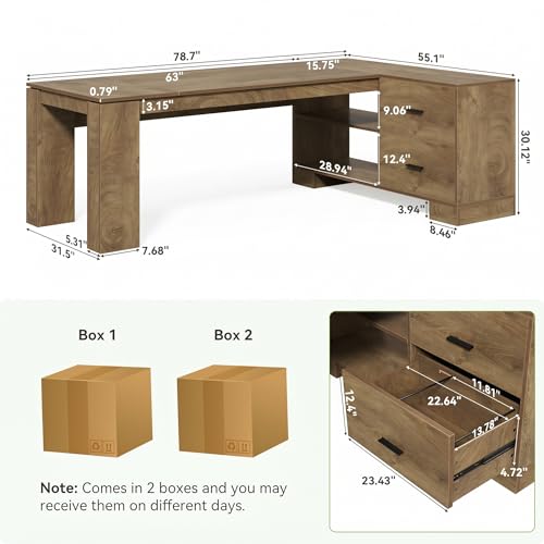 78.7" L Shaped Office Desk with Drawers, view 3