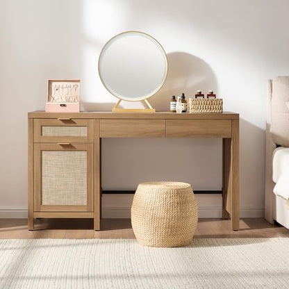 55" Rattan Desk with 3 Drawers - Wood Office Computer Desk with Storage Modern Boho Home Office Desks with Side Cabinet - Large Executive Desk Study Table for Bedroom, Living Room, Oak