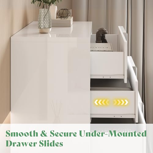 3 Piece Bedroom Set, Two 23.6" Nightstands & 6-Drawer Dresser, Silent Glide Drawers & Metal Handles, Modern High Gloss UV Finish, Dresser Set for Bedroom, White