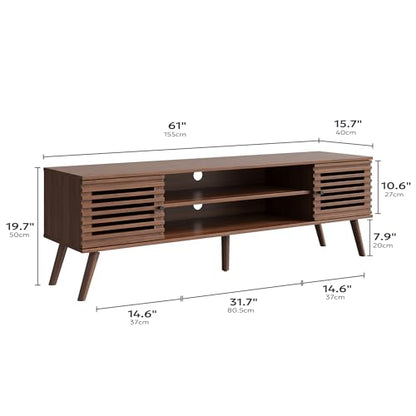 61" Mid Century Modern TV Stand for 50/55/60/70 inch TV, TV Media Console with Slatted Doors for TVs up to 70", Entertainment Center with Storage for Living Room, Bedroom, Walnut