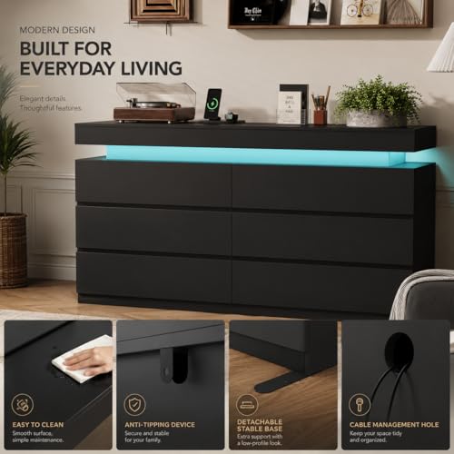 6 Drawer Dresser with LED Lights & Charging Station, view 6