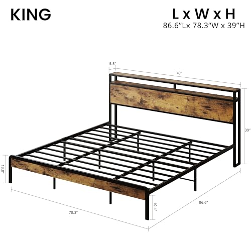 King Size Bed Frame with 2-Tier Storage Shelf Headboard, view 3