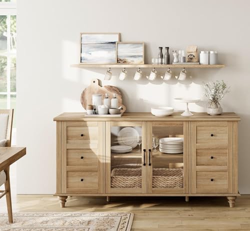 Farmhouse Buffet Cabinet with Glass Door, Wooden Sideboard, Oak, 58”, view 4