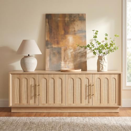 67" Arched Rattan Sideboard Buffet, 4 Door Adjustable Storage, Natural Oak, view 2