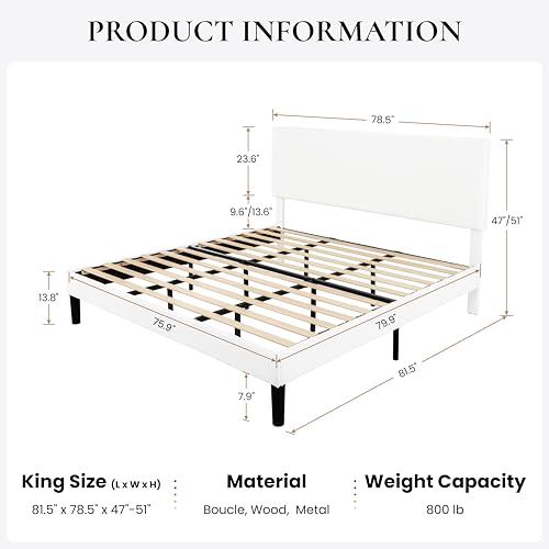 White Bouclé Upholstered King Bed Frame, view 3