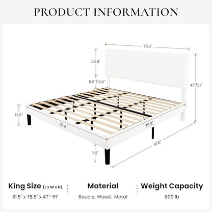 White Bouclé Upholstered King Bed Frame, view 3
