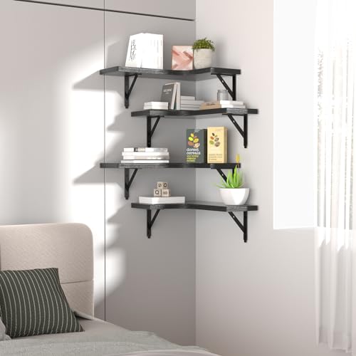ROMGUAR CRAFT Corner Floating Shelves Wall Mounted Set of 4, Rustic Wood Storage Display Shelves for Home Decor, Bathroom, Kitchen, Bedroom, Living Room, Office (Black)