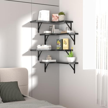 ROMGUAR CRAFT Corner Floating Shelves Wall Mounted Set of 4, Rustic Wood Storage Display Shelves for Home Decor, Bathroom, Kitchen, Bedroom, Living Room, Office (Black)