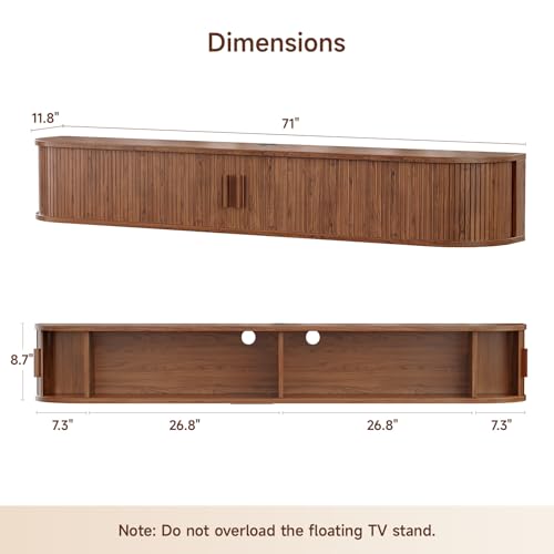 71" Floating TV Stand, Wall Mounted Entertainment Center Walnut, view 3