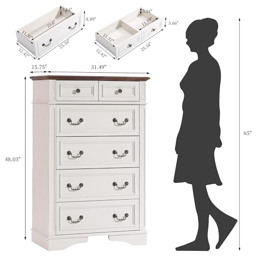 Farmhouse Dresser and Nightstand Sets, 6-Drawer with 7 Drawer Dresser & 3 Drawer Nightstand Sets, 4 Pieces Rustic Wood Bedroom Furniture Set for Home, Bedroom, Hallway(White)