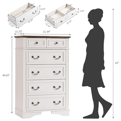 Farmhouse Dresser and Nightstand Sets, 6-Drawer with 7 Drawer Dresser & 3 Drawer Nightstand Sets, 4 Pieces Rustic Wood Bedroom Furniture Set for Home, Bedroom, Hallway(White)