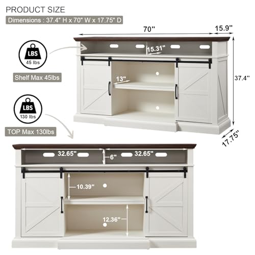 Farmhouse TV Stand for 80 Inch TVs, 37.4"Tall Entertainment Center w/Storage Cabinets and Sliding Barn Door, Media Console Cabinet w/Soundbar & Adjustable Shelves for Living Room, 70 inch (White)