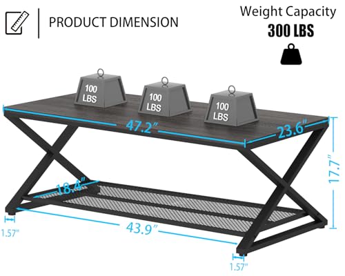 Wood Coffee Table, Center Table with Storage, Dark Gray Oak, 47 Inch | Farmhouse Metal Wood Living Room Table, Industrial 2 Tier Tea Table, Wooden Rectangle Tea Table with Shelf for Office Bedroom