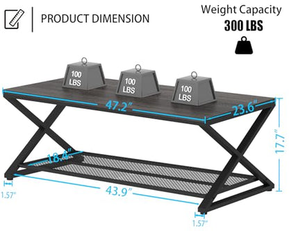 Wood Coffee Table, Center Table with Storage, Dark Gray Oak, 47 Inch | Farmhouse Metal Wood Living Room Table, Industrial 2 Tier Tea Table, Wooden Rectangle Tea Table with Shelf for Office Bedroom