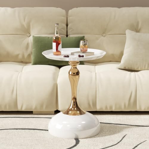 Small White Round Side Table with Gold Pedestal Base - Modern Chic Accent End Table for Living Room, Bedroom & Office Spaces