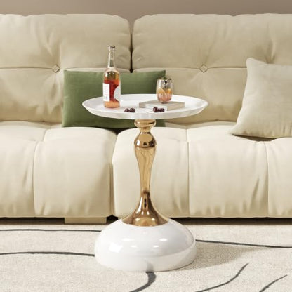 Small White Round Side Table with Gold Pedestal Base - Modern Chic Accent End Table for Living Room, Bedroom & Office Spaces
