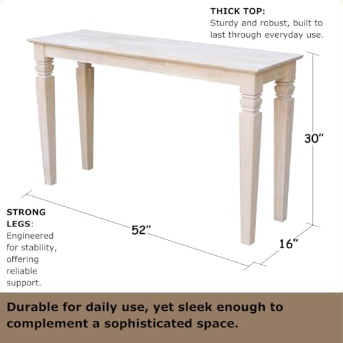 Java Console Table, Solid Real Wood, Sturdy Parawood, Living Room/Family Room/Entryway, 50LBS capacity, 52"W x 16"D x 30"H, Paint/Stain Ready, Unfinished