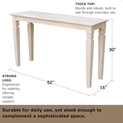 Java Console Table, Solid Real Wood, Sturdy Parawood, Living Room/Family Room/Entryway, 50LBS capacity, 52"W x 16"D x 30"H, Paint/Stain Ready, Unfinished