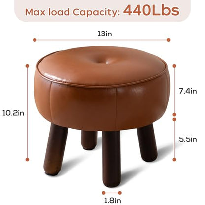 Small Foot Stool, Round Faux Leather Pouf Ottoman Foot Rest, Footstool Ottomans with Rubber Legs Under Desk, 13''L x 13''W x 10.2''H, Footrest for Couch, Living Room, Bedroom, Hallway, Brown
