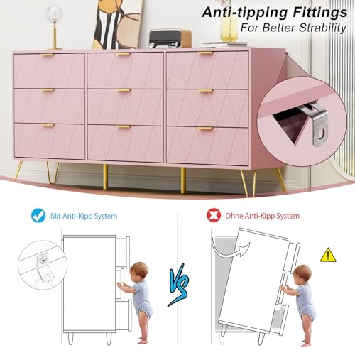 Pink 9 Drawer Dresser for Bedroom with Gold Handles, Long Dresser & Chest of Drawers with Deep Drawers, Modern Wood Dressers for Closet Living Room（Pink）
