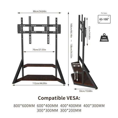 Large Mobile Rolling TV Stand Floor with Wheels for 65 to 100 inch | Heavy-duty television stands up to 220lbs for 65 70 75 80 85 86 90 95 98 100inch Adjustable Heights for Bedroom Office corner