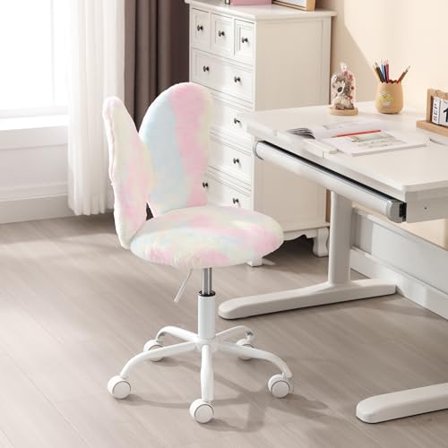 Kids Desk Chair, Faux Fur Butterfly Chair with Wheels Adjustable Cute Swivel Kids Office Chair for Bedroom Reading Room - Colorful