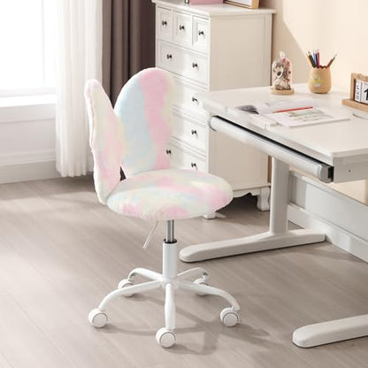 Kids Desk Chair, Faux Fur Butterfly Chair with Wheels Adjustable Cute Swivel Kids Office Chair for Bedroom Reading Room - Colorful