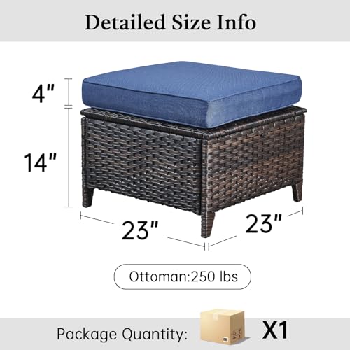 Outdoor Ottoman Set of 2 - PE Wicker Rattan Ottoman Patio Footstool for Deck Porch Balcony Garden - Brown/Blue