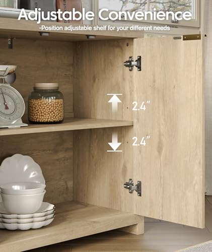 55 inch Oak Fluted Sideboard Buffet Cabinet with 4 Doors, Adjustable Shelves, view 4