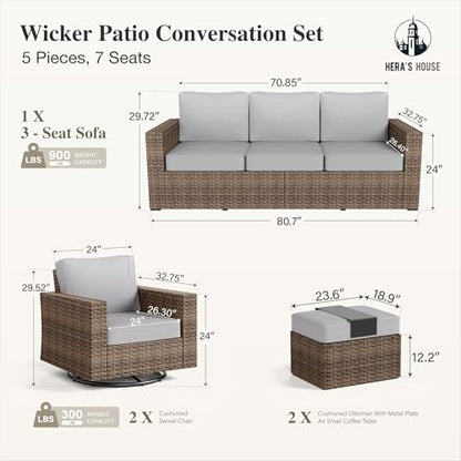 5-Piece Patio Furniture Set with Wide Arm, Grey | Outdoor Swivel Glide Chair +5.5” Washable Thick Cushions. All-Weather Yellow Wicker Conversation Sofa. for Deck Lawn &Garden