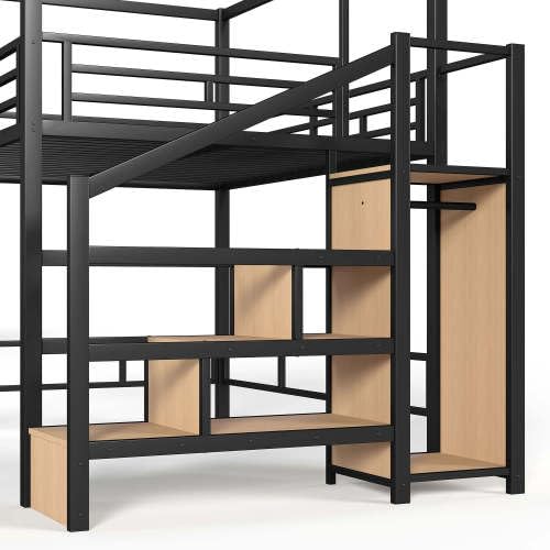 Metal Loft Bed Queen with Storage Stairs and Wardrobe, Black, view 7