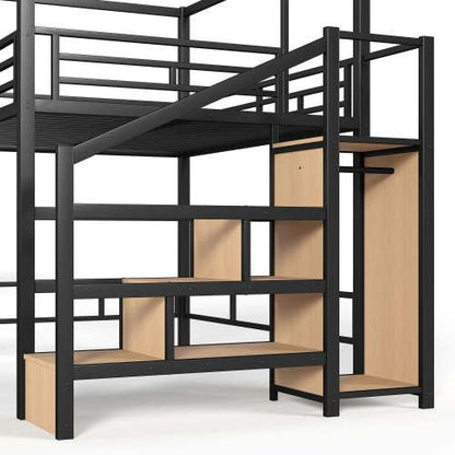 Metal Loft Bed Queen with Storage Stairs and Wardrobe, Black, view 7