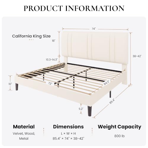 California King Size Bed Frame with Adjustable Headboard, Cream, view 3