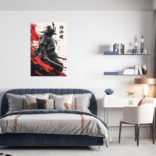Japanese Bushido Wall Art Samurai Warrior Pictures Wall Decor Canvas Prints Armored Samurai Painting Poster Artwork Modern Home Decor Framed for Bedroom Living Room Office (24''W x 36''H)