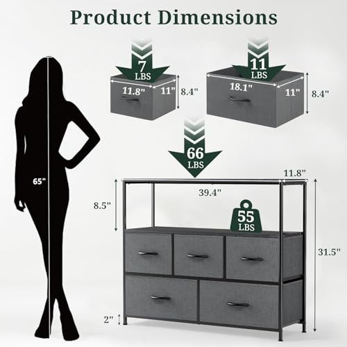 TV Stand, 5 Fabric Drawers Entertainment Center for TV up to 45 inch Wooden Media Console Table with Open Shelf, for Living Room, or Small Space, Gray