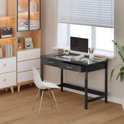 39.4" Small Desk with Wood Drawers, Home Office Computer Desk with Wooden Legs, Study Writing Table Vanity Desk for Small Spaces - Black