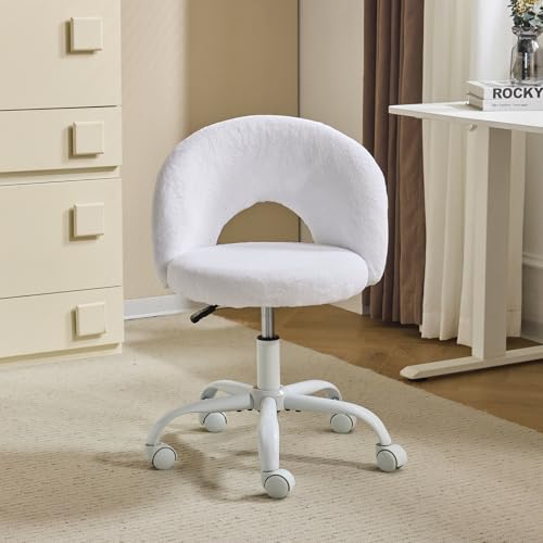 White small vanity chair with faux fur and swivel wheels, view 2