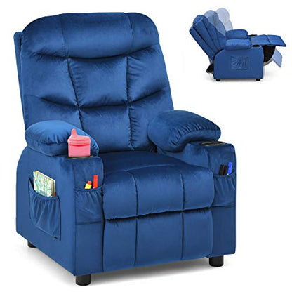 Kids Recliner Chair with Cup Holder, Adjustable Velvet Lounge Chair w/Footrest & Side Pockets for Children Boys Girls Room, Ergonomic Toddler Furniture Sofa Gifts, Kids Recliner (Blue)