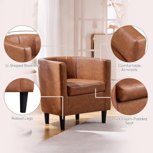 Yaheetech Barrel Accent Chairs Set of 2, Modern Armchairs, Brown | Faux Leather Chair with High-Density Foam Seat, Upholstered Barrel Sofa Chair for Living Room Bedroom Waiting Room