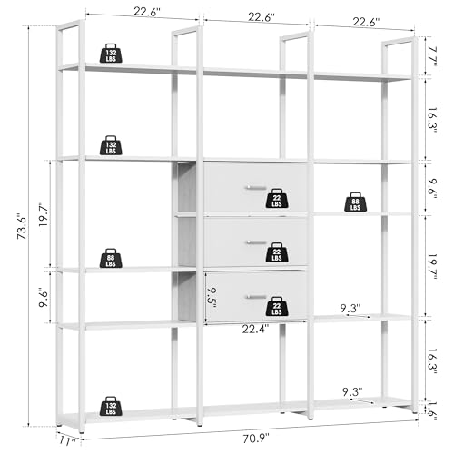 73.6" Tall Bookshelf with 3 Drawers and 16 Storage Shelves, Industrial Bookcase with 16 Open Display Shelves, Large Etagere Bookshelf, Triple Wide Book Shelf Book Case for Home & Office, White