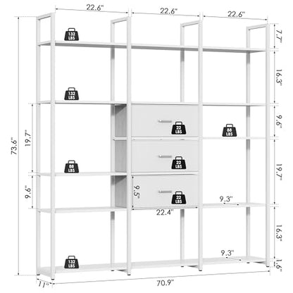 73.6" Tall Bookshelf with 3 Drawers and 16 Storage Shelves, Industrial Bookcase with 16 Open Display Shelves, Large Etagere Bookshelf, Triple Wide Book Shelf Book Case for Home & Office, White