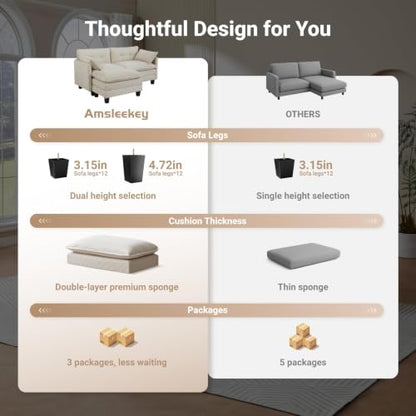 111.5" U Shaped Modular Sectional Sofa, Beige Corduroy | Cloud Couch for Living Room, 3 Seater Deep Seat Convertible Sleeper Sofa with 2 Movable Ottomans and 2 Leg Height Options