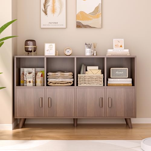 8-Cube Bookcase with Doors, 2-Tier Low Storage Cabient, Walnut, view 7