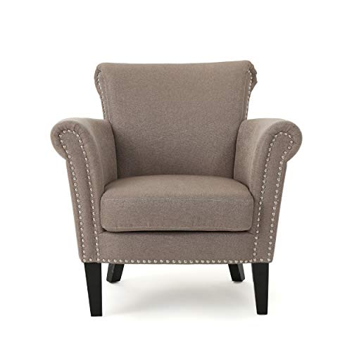 Brice Vintage Scroll Arm Studded Fabric Club Chair, Light Coffee / Dark Brown, 31D x 29.5W x 31.5H in