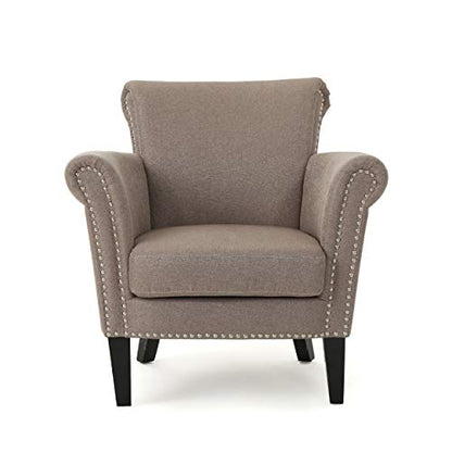 Brice Vintage Scroll Arm Studded Fabric Club Chair, Light Coffee / Dark Brown, 31D x 29.5W x 31.5H in